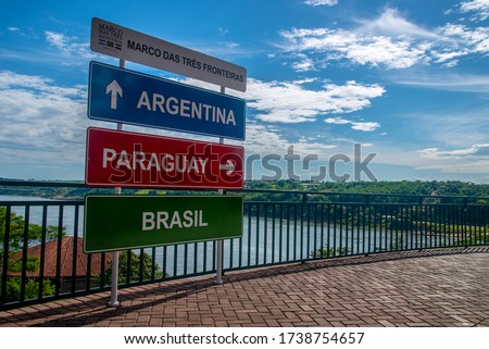 The Triple Frontier, a tri-border area 
between Paraguay, Argentina and Brazil, Brazilian side.
"Marco das tres fronteiras" means "landmark of the three borders". "Foz do Iguacu"- name of the city. Royalty-Free Stock Photo #1738754657