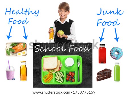 Schoolboy and different products as variants for lunch. Healthy and junk food