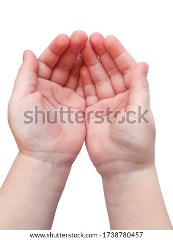 two children's hands on a white background with palms to the top. The concept of hand washing by children, cleanliness and body care.