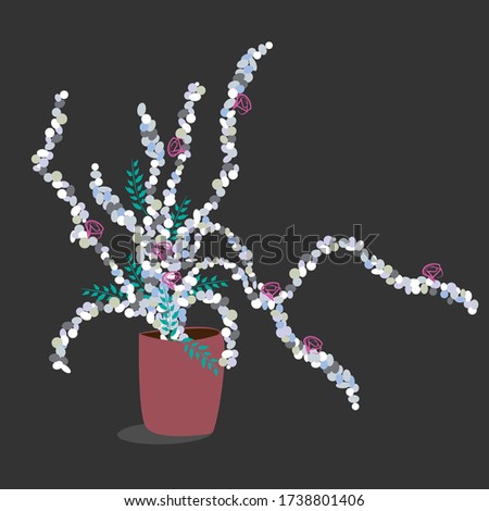 Image of a plant with white flowers in a pot on a gray background. Vector graphics. For design of postcards, posters, covers, prints of clothing, wrapping paper, textiles, paintings