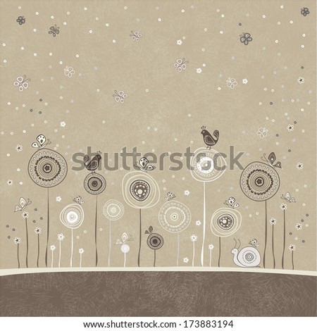 Stylish floral background card with snail, birds and butterflies. Vintage vector