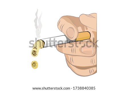 Hand drawn male hand holding smoking cigarette.Money or pennies are spent for cigarette. Vector illustration flat design. Isolated on background. Bad habits. Dangers of smoking.
