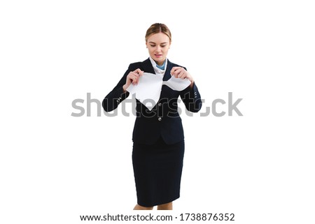 stewardess blonde girl isolate white background tearing paper documents contract cancellation delay tickets booking stress anxiety negative fired airline travel bankruptcy quarantine