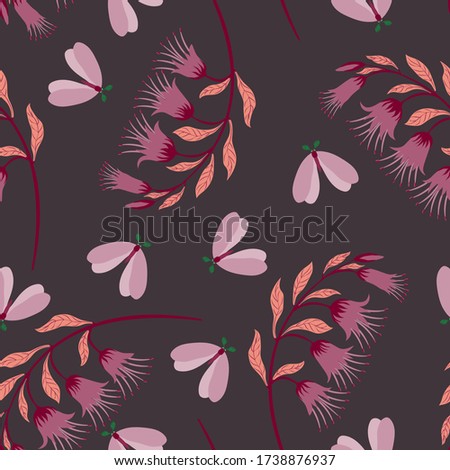 Flowers and moths in violet vector seamless pattern for decoration, packaging, textile