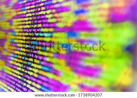 Php code on blue background in code editor. Lines of code of a software with several colors. Program code PHP HTML CSS of site. Programmer occupation. Abstract digital style   background. 