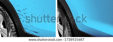 Washing car bitumen stain. Car wash service before and after washing. Cleaning maintenance. Half divided picture. Before and after effect. Washing blue vehicle at station. Car washing concept. 