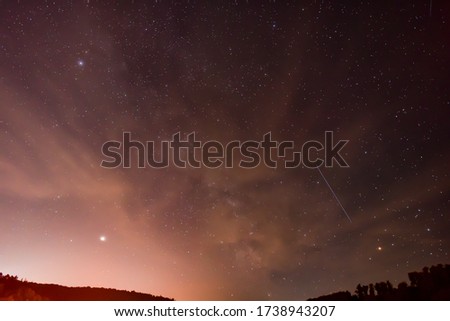 Spring Milky Way, Jupiter and Saturn planets in the night sky.