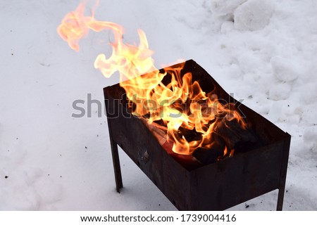 Coals burning wood and bokeh fire ash blaze mangal barbeque. Small mangal with flame in forest. Campfire in winter.