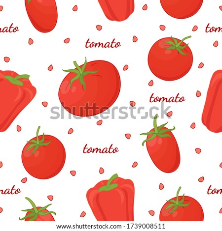 Seamless pattern with red fresh tomatoes, sweet bell peppers. Vegetable continuous picture. Vegetarian food, agricultural eco product. Drawn by hand. Endless texture for a different design.