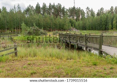Wooden bridges with railing over small river in summer park