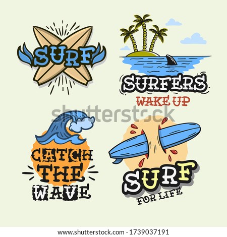 Surfing Style Surf Summer Time Beach Life Traditional Tattoo Influenced Hand Lettering  Vector Illustrations Set Designs.