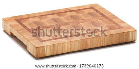 End grain wood butcher block cutting board isolated on white background. Full depth of field. Royalty-Free Stock Photo #1739040173