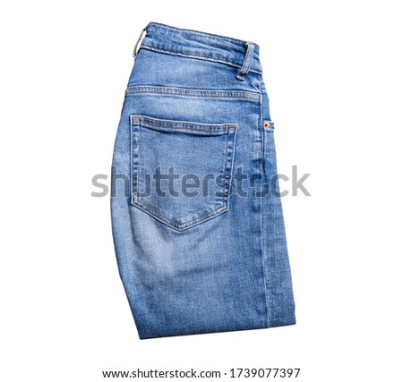 Jeans isolated on white, denim pants isolated, folded blue jeans isolated on white, summer clothes, cloth element mock up 