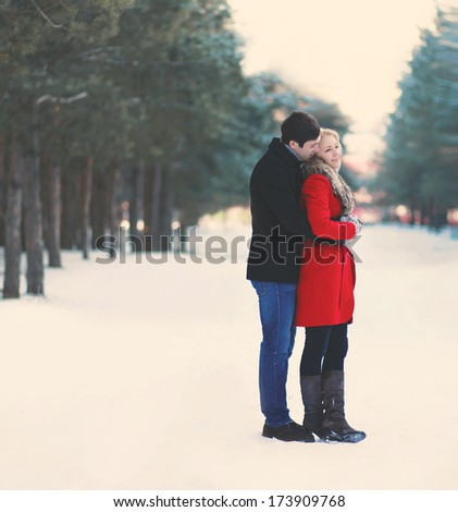 Silhouette of loving couple embracing in warm winter day in forest, vintage soft colors