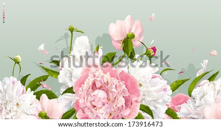 Luxurious pink and white peonies background with leaves and buds Royalty-Free Stock Photo #173916473