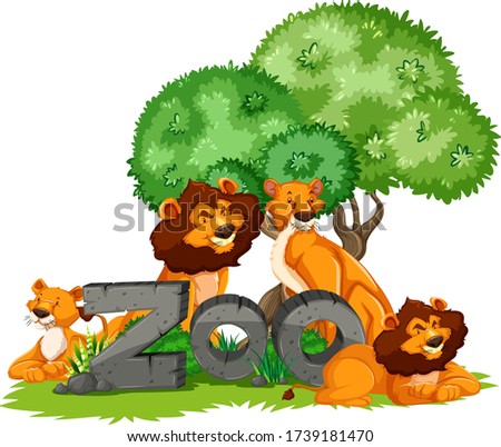 Group of animals under the tree with zoo sign illustration