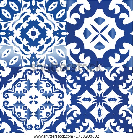 Ethnic ceramic tiles in portuguese azulejo. Collection of vector seamless patterns. Creative design. Blue vintage ornaments for surface texture, towels, pillows, wallpaper, print, web background.