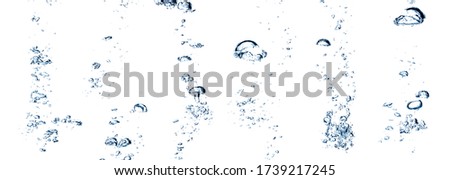 Real Images of small air water bubbles or soda floating up to water surface. Gas power in carbonate refreshing on white background