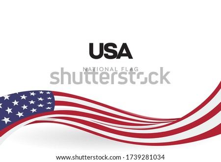The USA waving flag banner. The United States of America patriotic ribbon poster. Independence day anniversary brochure.The 4th of July national holiday annual celebration postcard vector illustration