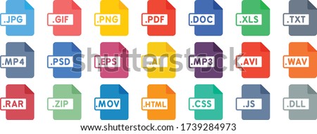 File type icon set - File extensions  - Colored file type and document in flat style design - Popular files format sign – Isolated vector illustration Royalty-Free Stock Photo #1739284973
