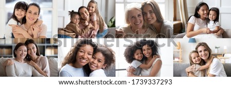 Collage mosaic banner with happy beautiful multiethnic diverse mommies and children cuddling looking at camera posing for family closeup headshot face portraits of moms with kids. Mothers day concept.