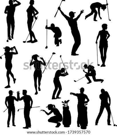 A set of golfer sports people playing golf in various poses