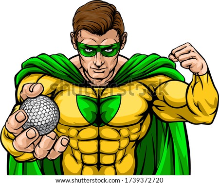 A superhero golf sports mascot holding a ball