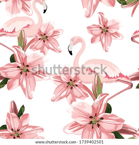Seamless gentle pattern with pink lilies flowers and flamingo bird.