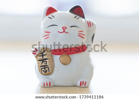 Maneki neko lucky cat show text on hand meaning rich on table, select focus