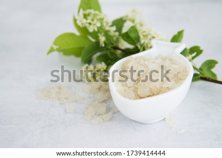 Concept of Spa-cosmetic and cosmetic procedures. Spa-sea salt in white dishes and seashells on light concrete background. The concept of a waste-free lifestyle. copyspase.