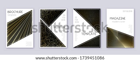 Triangle brochure design template set. Gold abstract lines on black background. Bold brochure design. Fancy catalog, poster, book template etc.