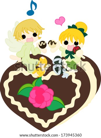 A girl and an angel who eat chocolates on the heart of the chocolate cake.