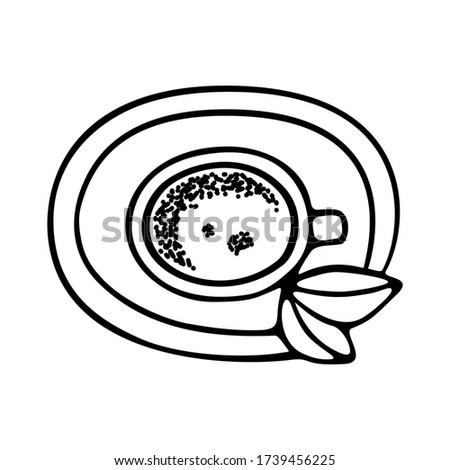 Large mug of coffee or cocoa on a saucer hand-drawn. Vector doodle illustration black outline on a white background