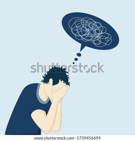 Cartoon unhappy man sitting, hugging knees pondering the concept of supporting and caring for people under the concept of depression, stress. Vector illustration flat isolated on dry leaf background.
