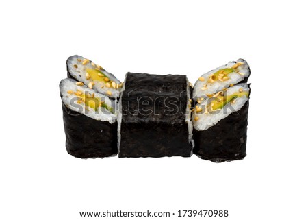 Sushi roll, fresh taste. Close-up. White background.