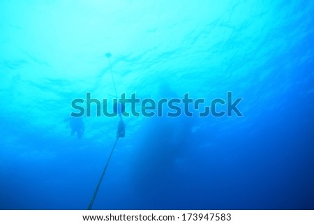 Diver silhouette under water with beautiful sun ray