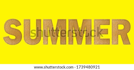  The inscription "Summer" on bright yellow paper background.
Nature summer background. Creative greeting card 
