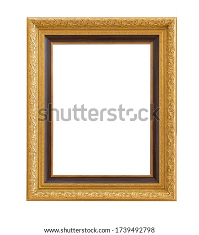 Beautiful golden picture frame vintage carved gilded border antique for interior decoration on white background, Concept gallery exhibition presentation modern building or home and living contemporary