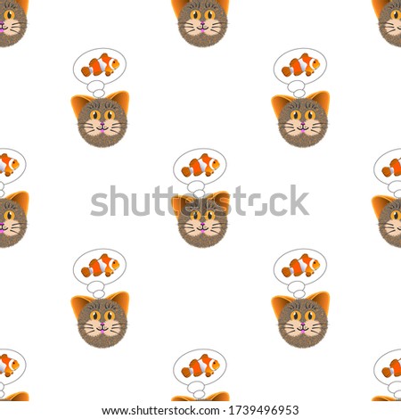 Seamless pattern with clipping mask. Fluffy cat dreaming of fish