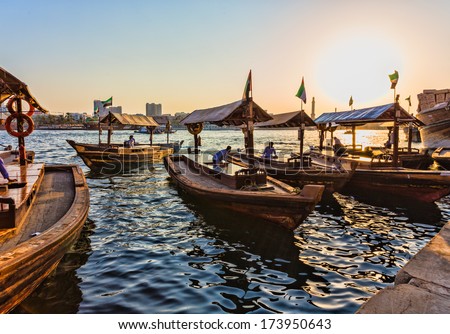 DUBAI, UAE - NOVEMBER 8: Boats on the Bay Creek in Dubai, UAE nov 8 2013 Royalty-Free Stock Photo #173950643