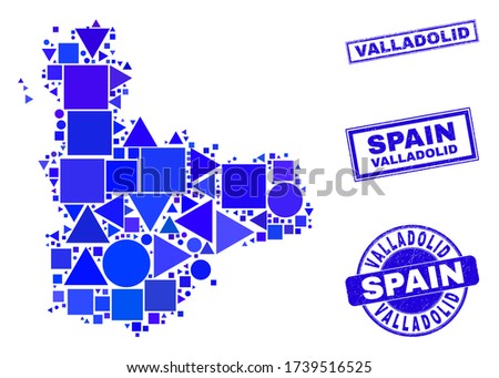 Vector mosaic Valladolid Province map. Geographic plan in blue color hues, and textured round and rectangle seal stamps. Abstract concept of Valladolid Province map created of round, tringle,