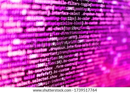 Failure in the program, blue screen, programming. Technology concept hex code digital background. HTML code on lcd screen. Code of javascript language on white background
