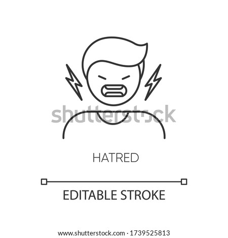 Hatred pixel perfect linear icon. Man aggressively shout. Person yell from irritation. Thin line customizable illustration. Contour symbol. Vector isolated outline drawing. Editable stroke Royalty-Free Stock Photo #1739525813
