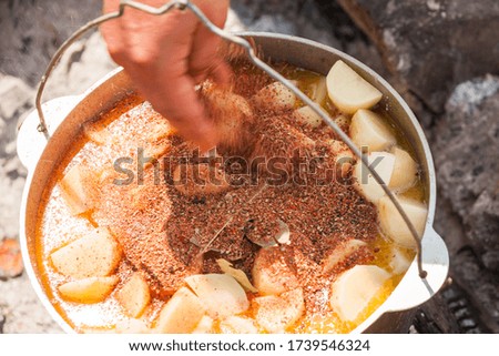 Adding spices in a soup with vegetables. Preparing of a soup on open fire, camping meal. Close-up photo with motion blur effect