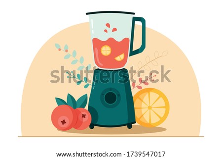 Modern green blender cooking smoothie with juicy lemon and cranberries on each side and floral pattern at the background Royalty-Free Stock Photo #1739547017