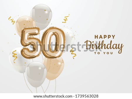 Happy 50th birthday gold foil balloon greeting background.50 years anniversary logo template- 50th celebrating with confetti. Vector stock. Royalty-Free Stock Photo #1739563028