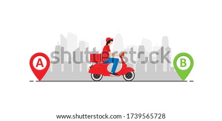 food delivery man on a red scooter rides from point A to point B. Logistics concept, city skyline in the background. Vector illustration.