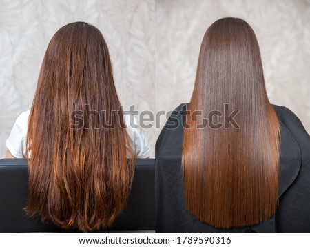 Sick, cut and healthy hair care straightening. Before and after treatment. Royalty-Free Stock Photo #1739590316
