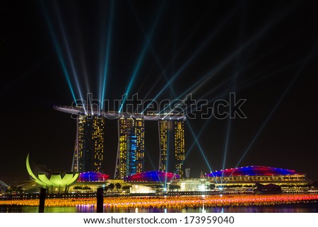 Marina Bay Sands, designed by Moshe Safdie, the integrated resort casino and shopping center in Singapore. 