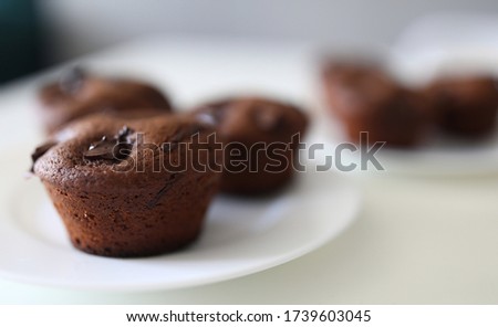 Close-up of tasty dessert for tea or coffee. Chocolate brownies with cocoa stuffing on white plate. Homemade cupcakes with crispy top. Bakery and confectionery concept